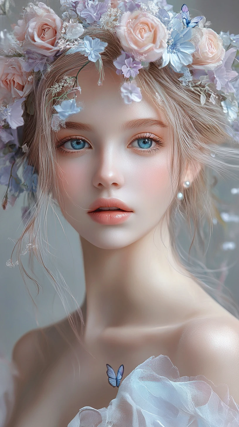 Ragazza fantasy dai capelli pastello con delicata corona di fiori