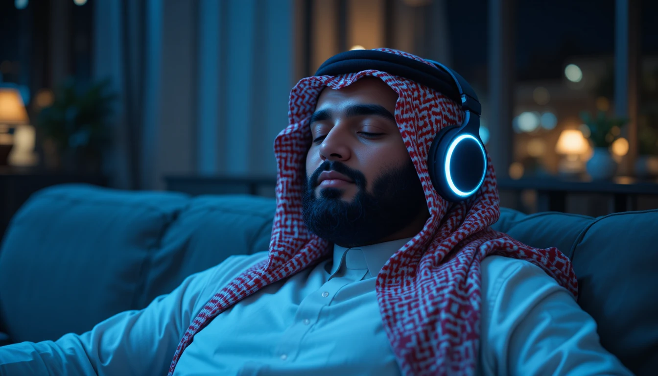 Homem relaxando com fones de ouvido em um sofá à noite
