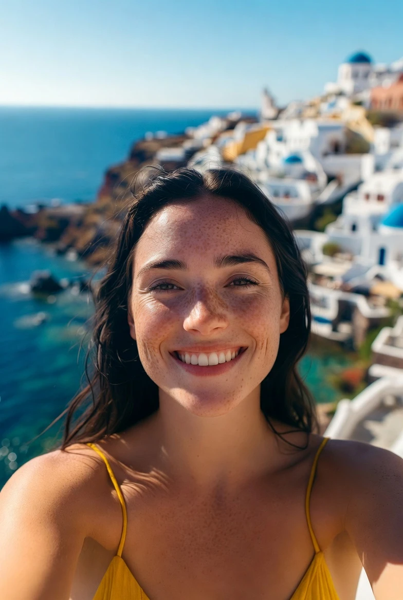 Femme souriante en selfie dans une ville côtière méditerranéenne