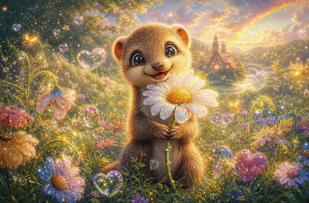 Süßes Mangustchen mit magischer Gänseblume in verzauberter Fantasiewiese