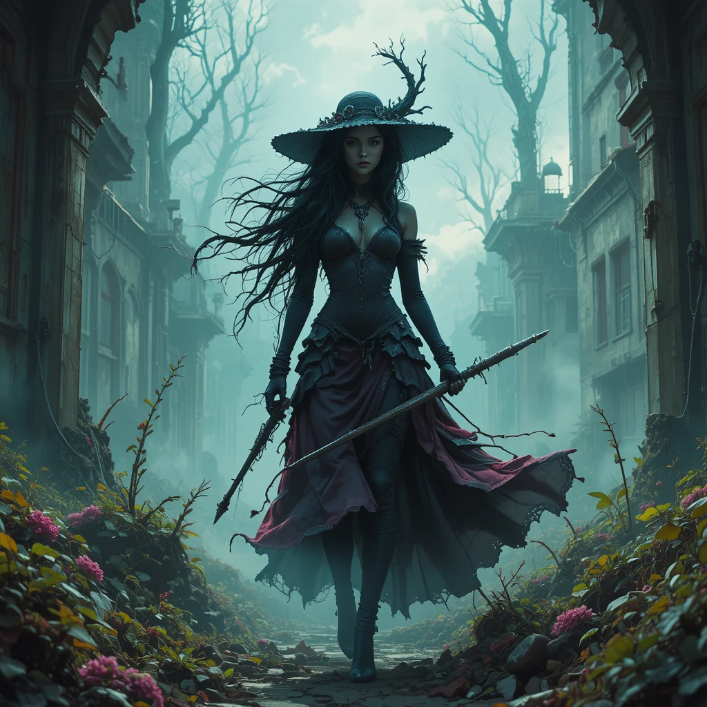 Sorcière des terres dévastées dystopiques en silhouette inquiétante