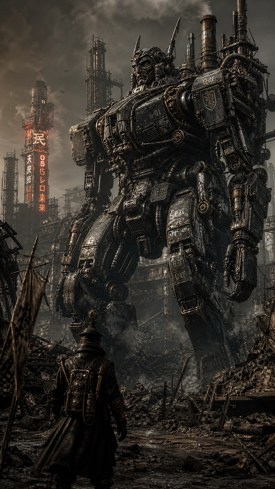 Imenso mecha a diesel em uma cidade steampunk distópica