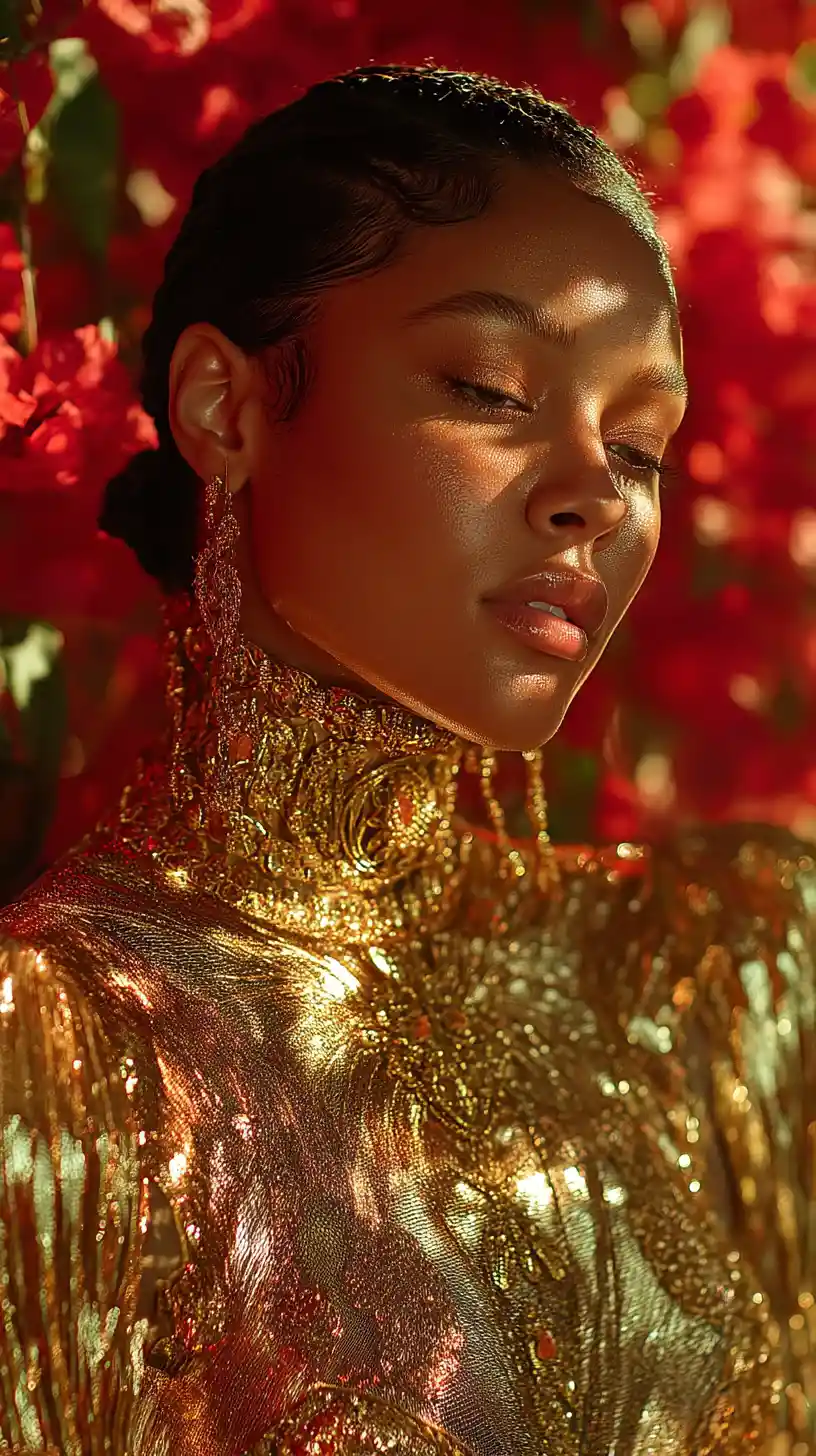 Arabisches Fashion-Model im goldenen Kleid vor floralem Hintergrund