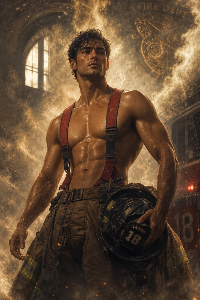 Pompier Musclé en Bretelles avec Casque et Fumée