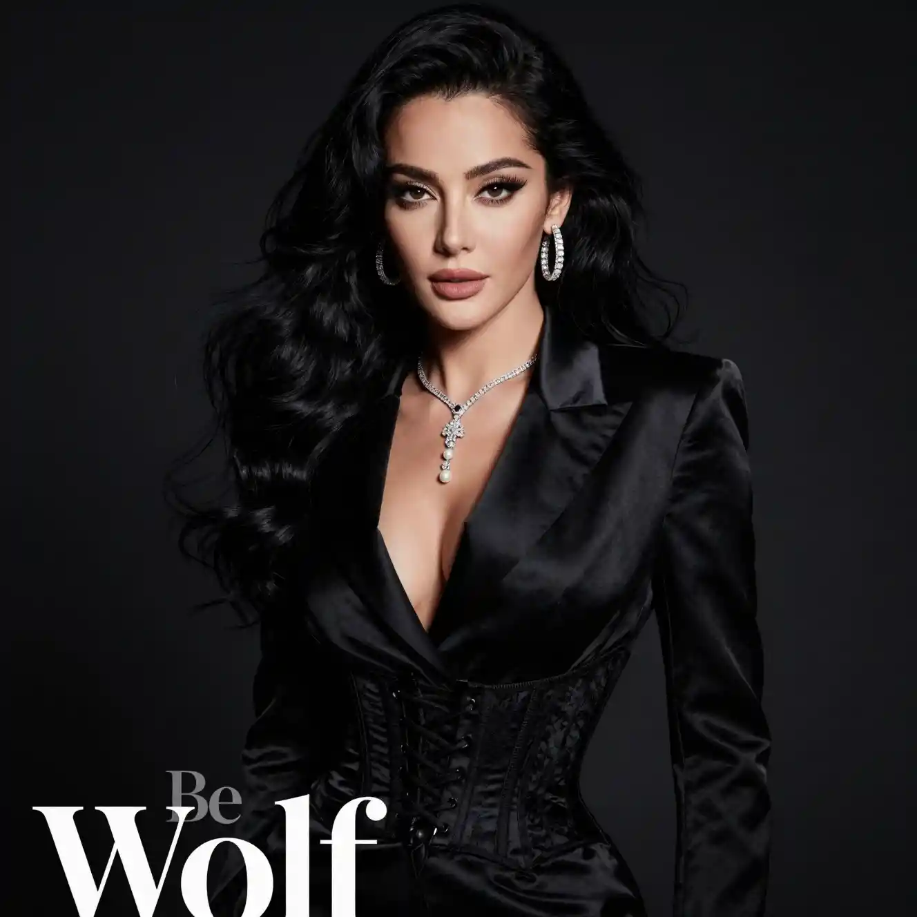 Ritratto di donna sicura di sé in abito corsetto di raso nero