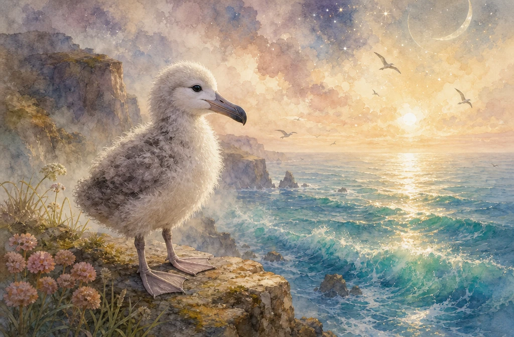 Pintura em aquarela de filhote em penhasco enevoado sobre mar brilhante