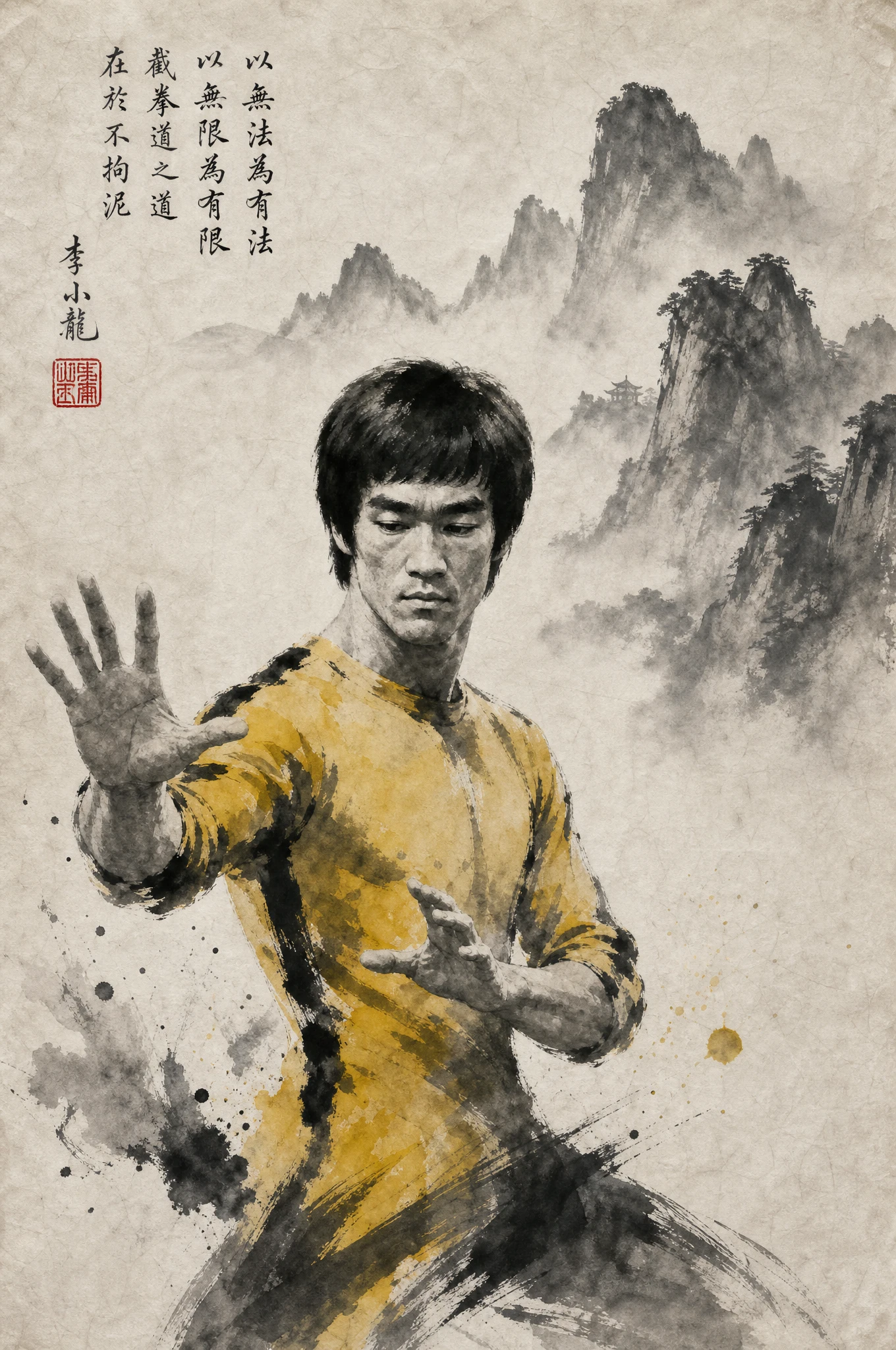 Pintura chinesa em tinta de um artista marcial em meditação