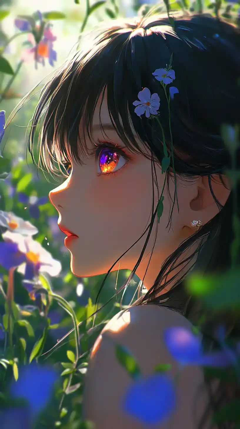 Anime girl portrait in a glowing flower garden