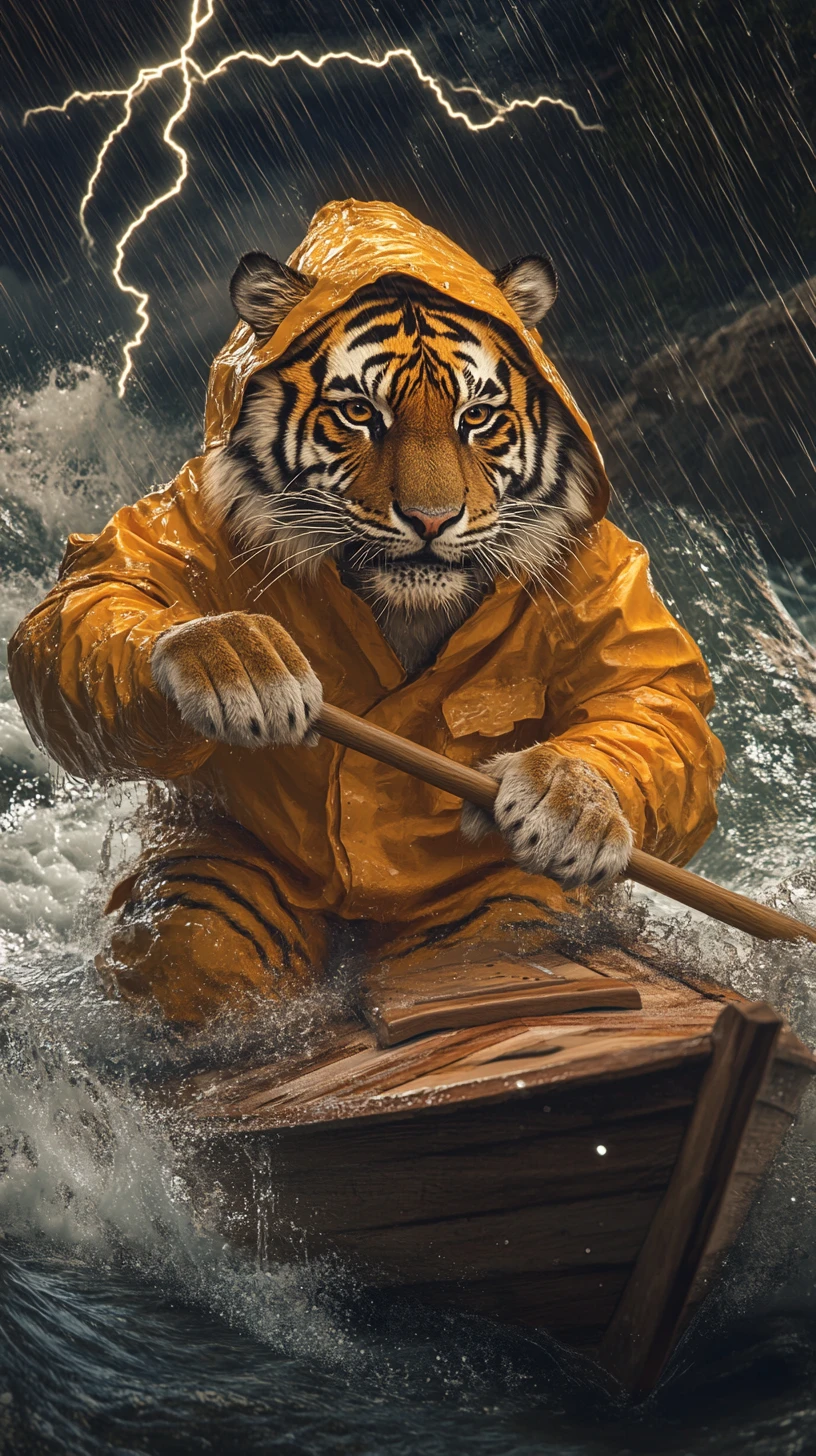 Tiger im gelben Regenmantel segelt durch stürmische Wellen