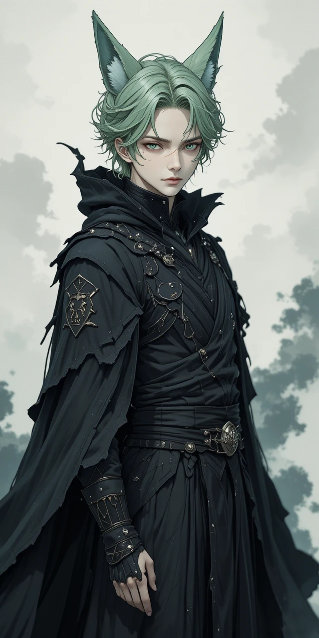 Elegante uomo-volpe in scure vesti fluttuanti fantasy anime