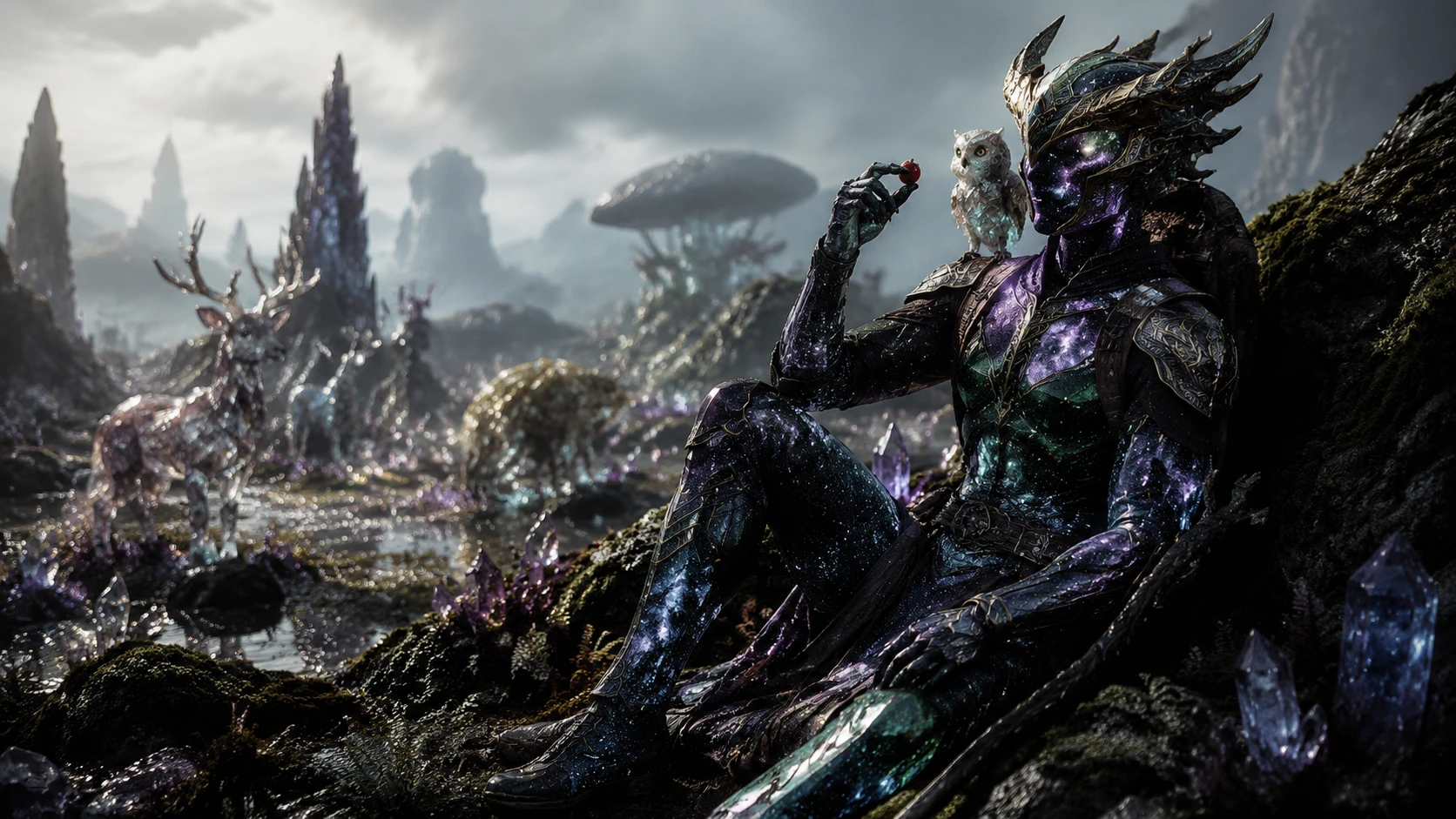 Druida warforged descansando ao lado de um rochedo de floresta semelhante a uma joia