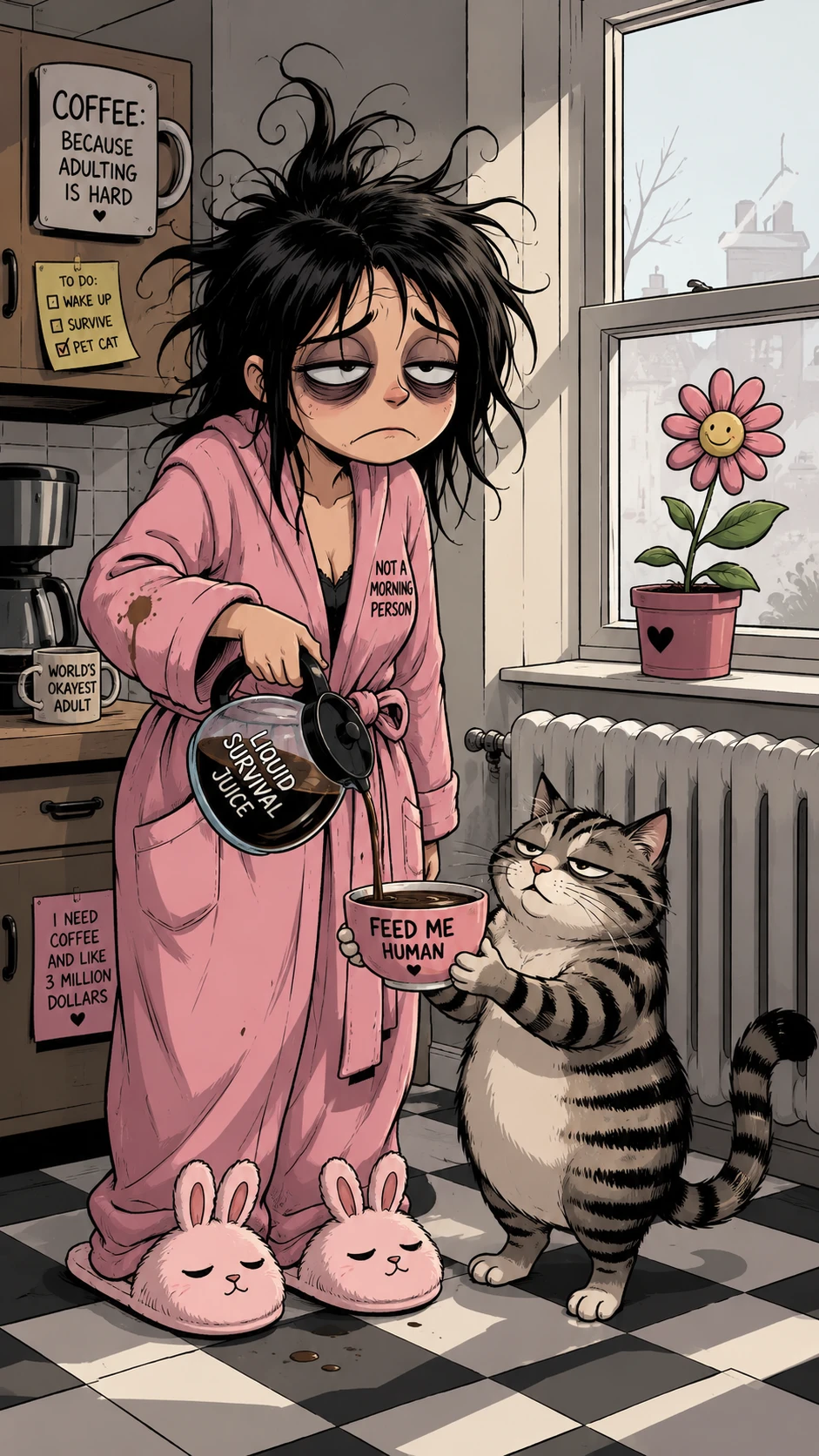 Mulher sonolenta servindo café da manhã em uma cozinha de desenho animado