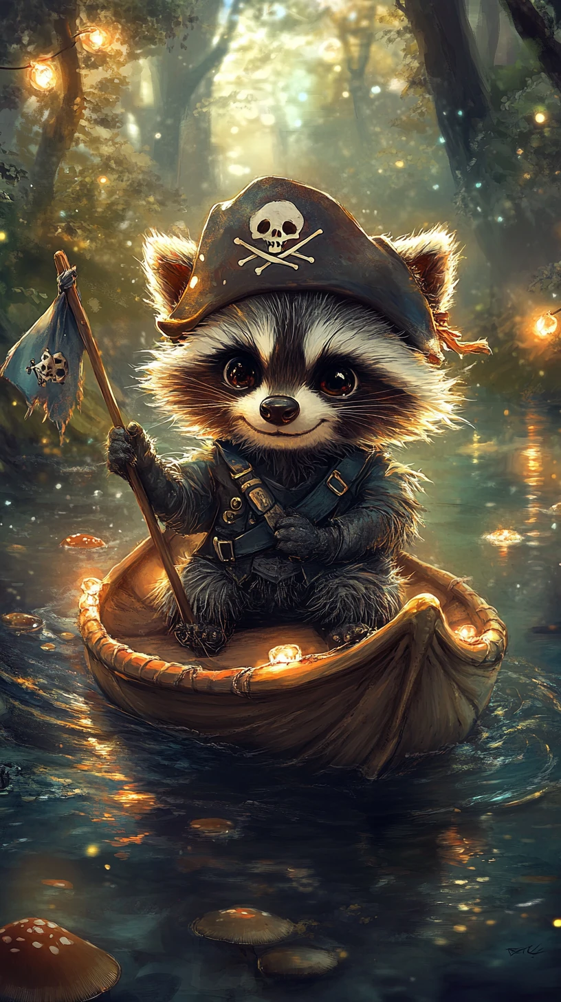 Guaxinim pirata fofo navegando em um barco de noz na floresta