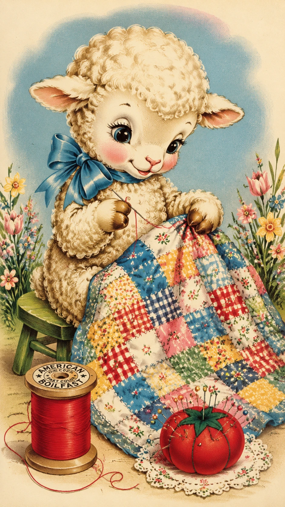 Tierno corderito vintage cosiendo una colorida colcha de patchwork