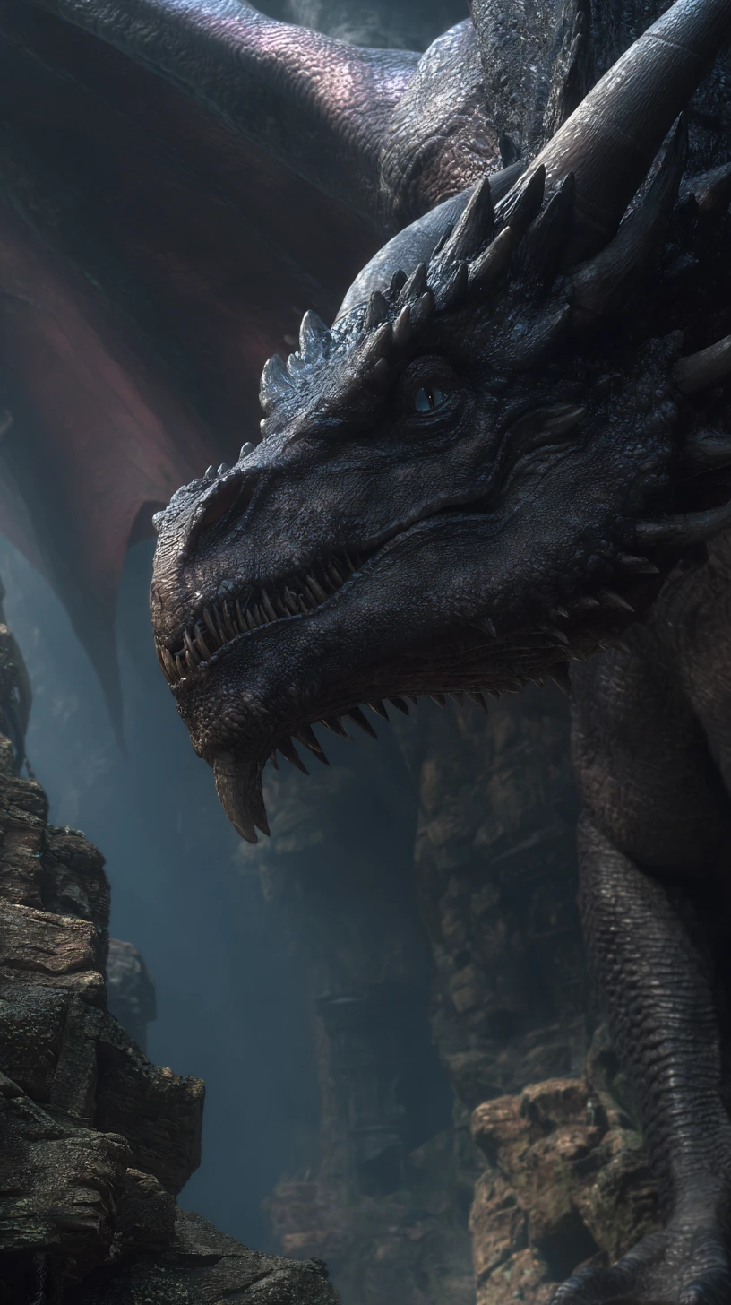 Dragão antigo pairando em uma caverna gótica durante um eclipse