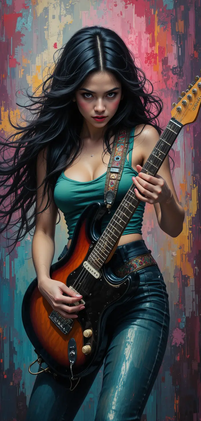 Femme jouant de la guitare électrique dans une œuvre d’art numérique éclatante