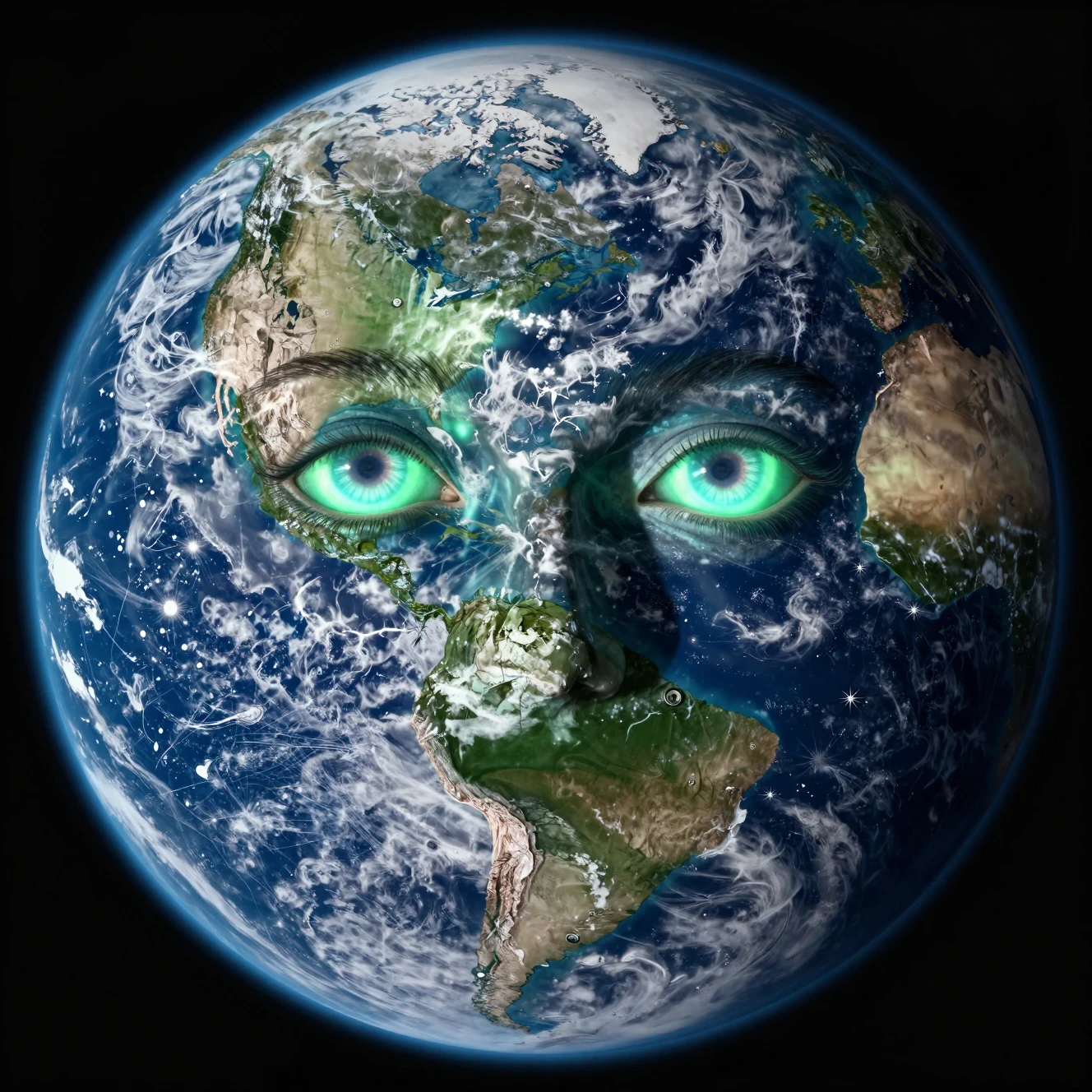 Die Erde aus dem Orbit, zu einem gespenstischen, menschenähnlichen Gesicht geformt