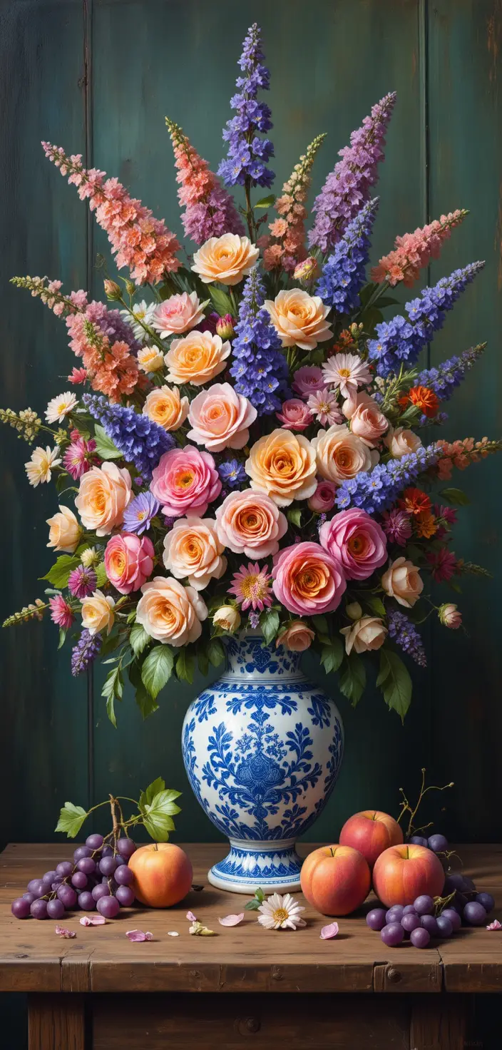 Blumenstillleben mit Porzellanvasen und Sommerfrüchten
