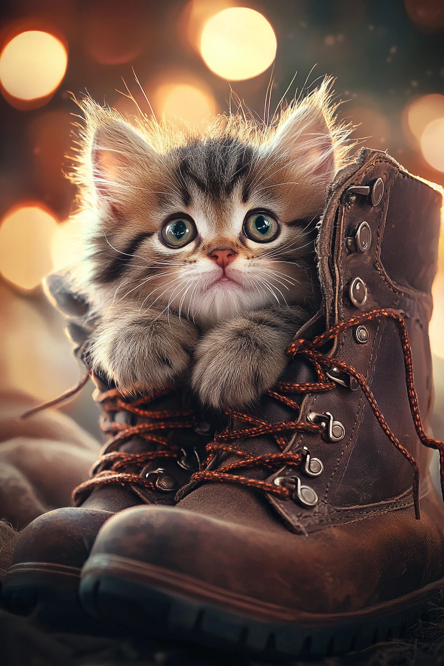 Gatinho de desenho fofo espiando por botas de couro rústicas