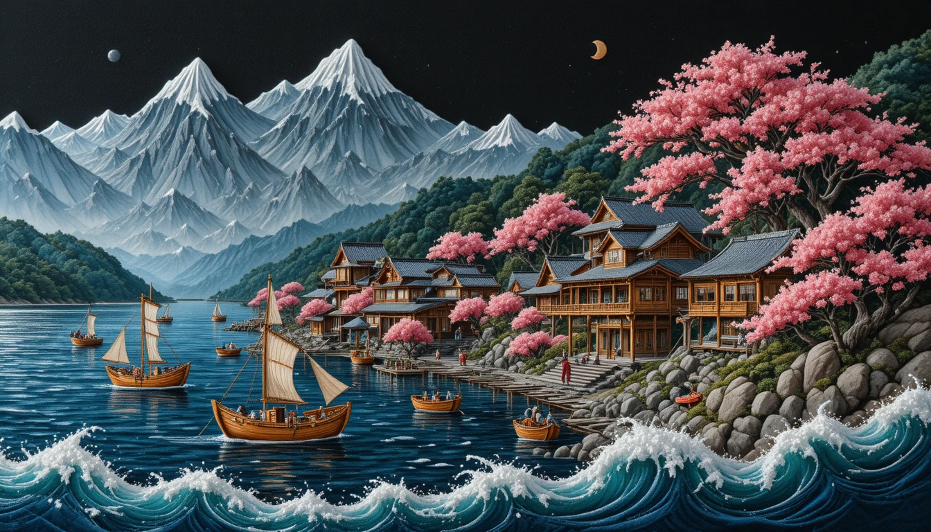 桜咲く入り江の日本の海辺の刺繍の村
