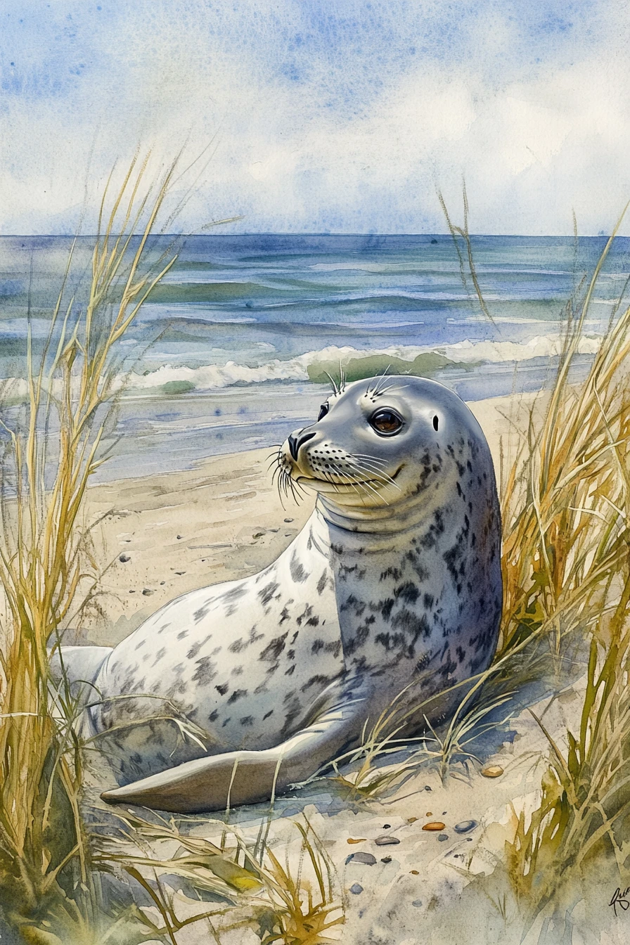 Foca-portuária em aquarela descansando em uma praia de areia com gramíneas
