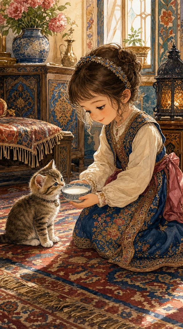 溫馨房間裡給小貓餵牛奶的可愛女孩