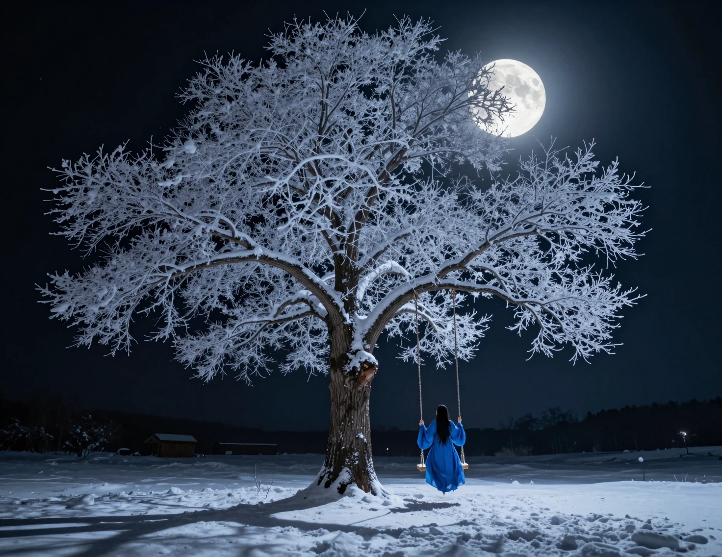 Donna su un'altalena sotto un solitario albero invernale