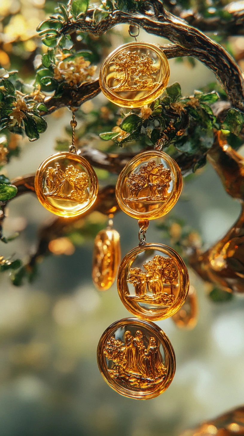 Vista macro di un albero di giada con petali e medaglioni d'ambra