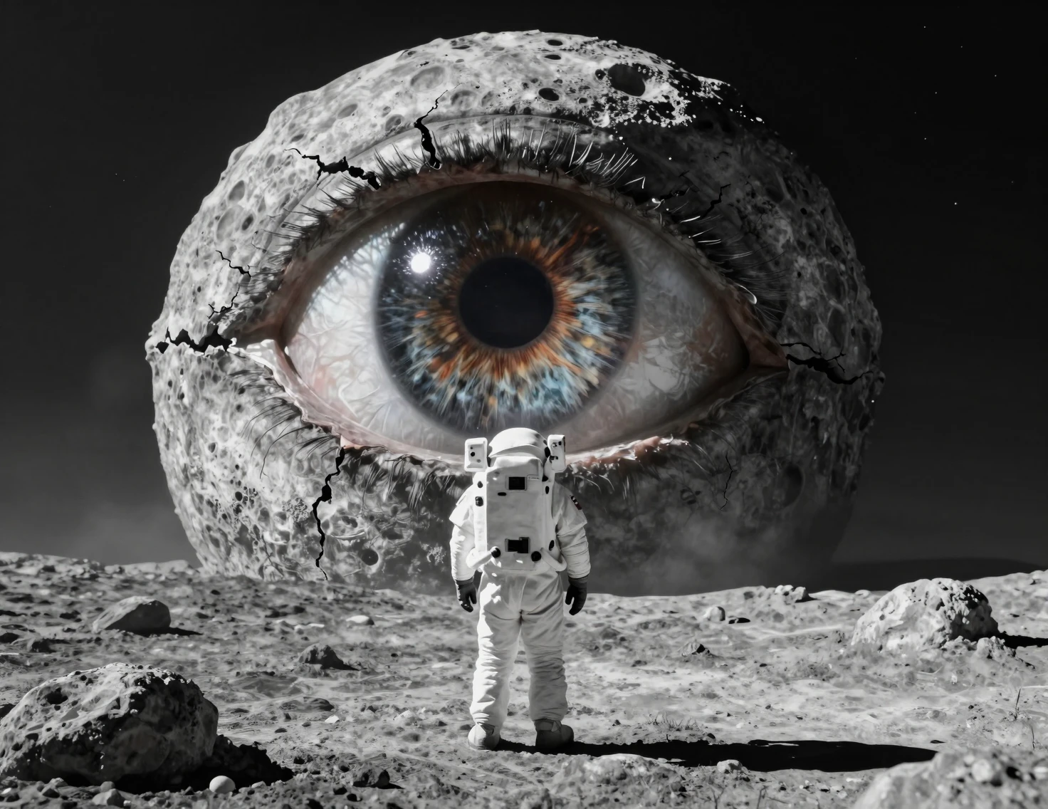 Astronaut steht gigantischem menschlichen Auge auf trostlosem Mond gegenüber
