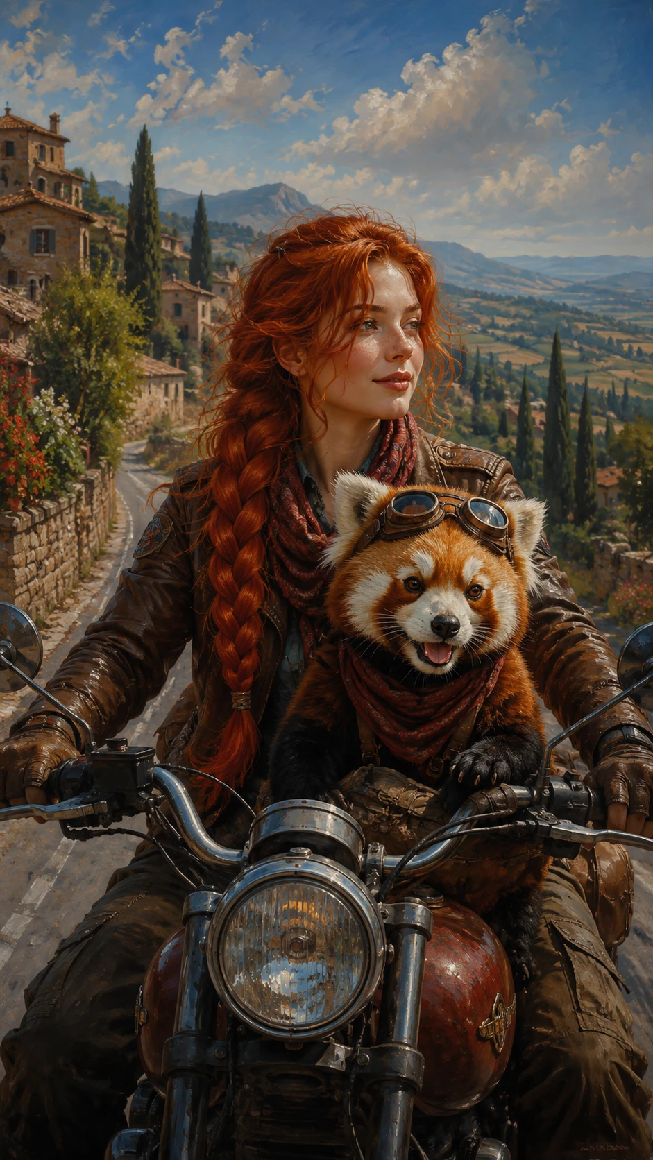 Femme et panda roux à moto à travers la Toscane