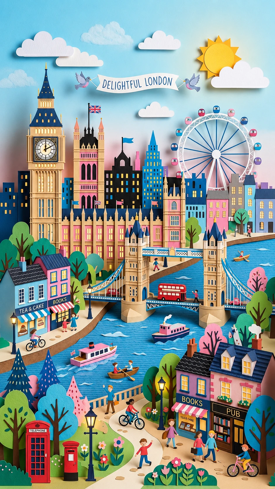 Paisagem urbana alegre de Londres em estilo de livro ilustrado feita em papel