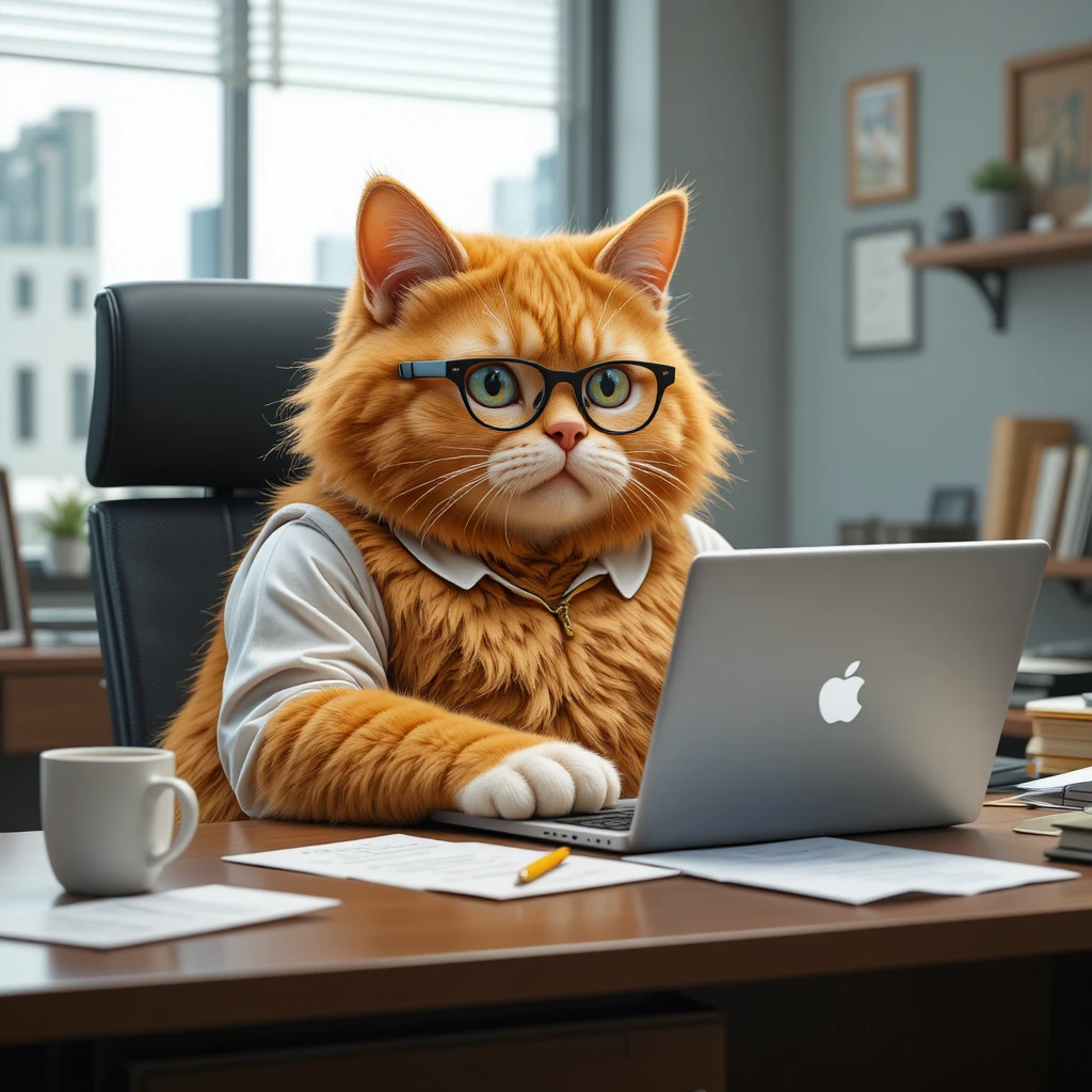 Gato de escritório laranja de óculos trabalhando no laptop