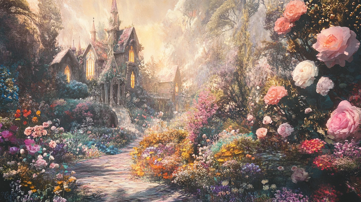 Vila fantástica florar encantada com jardins pastéis exuberantes