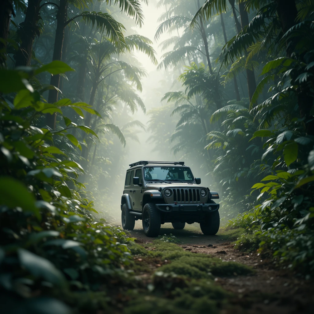 Jeep SUV Driving Through Lush Tropical Jungle From Low Angle