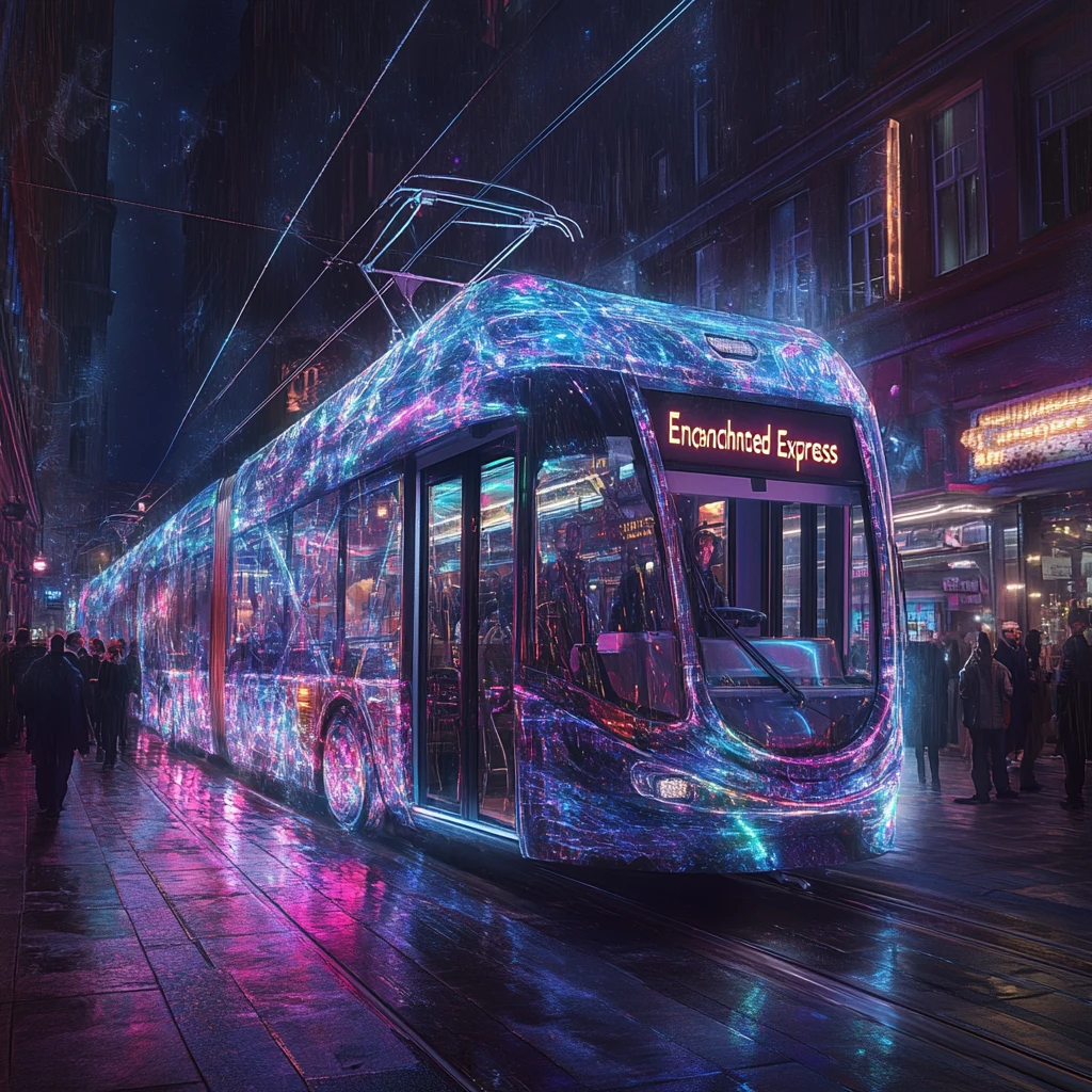 Tram lumineux dérivant dans une rue sombre et déserte de la ville