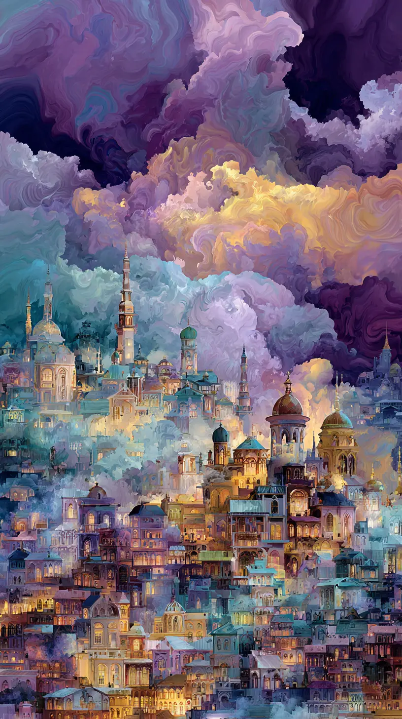 Paysage urbain fantastique et surréaliste avec tours gothiques art nouveau torsadées