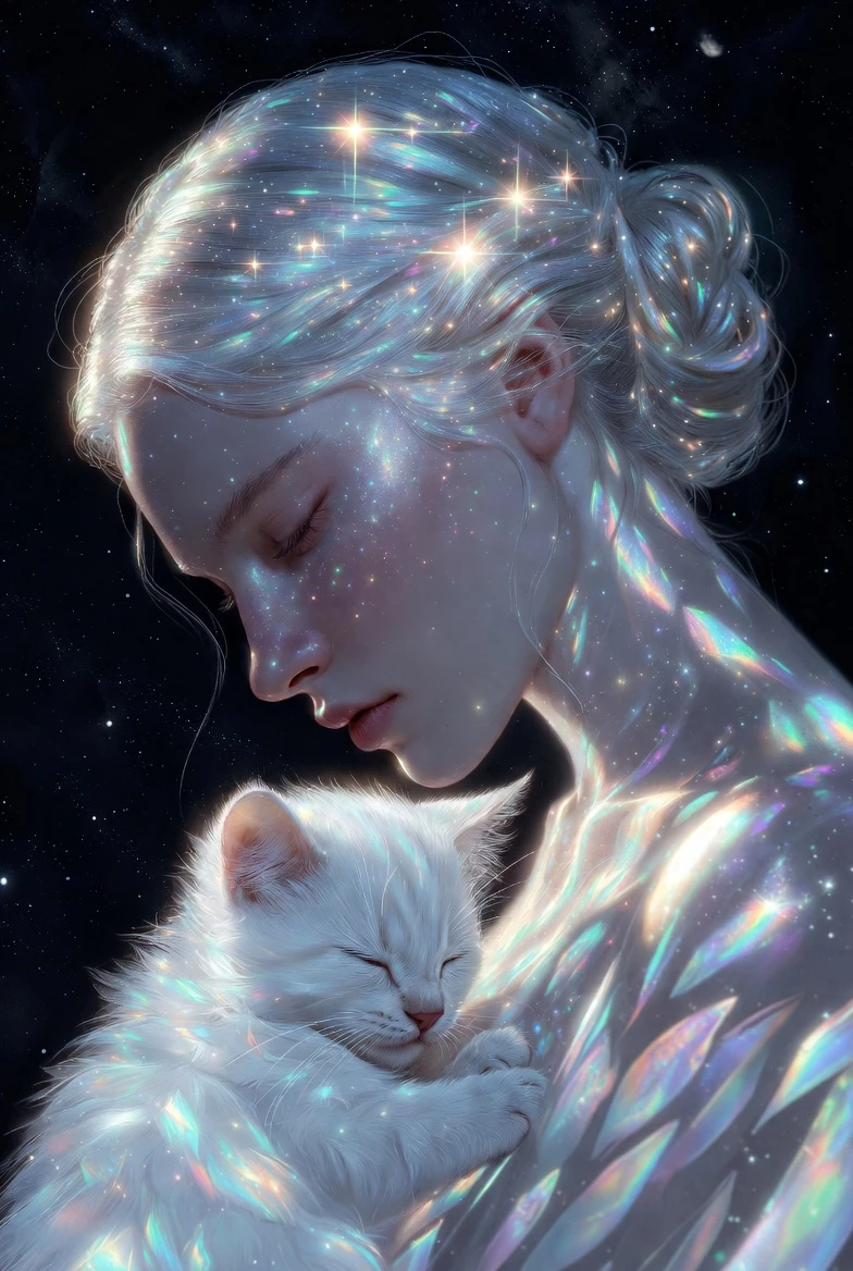Ragazza celestiale dalla pelle d’argento che culla un gattino addormentato