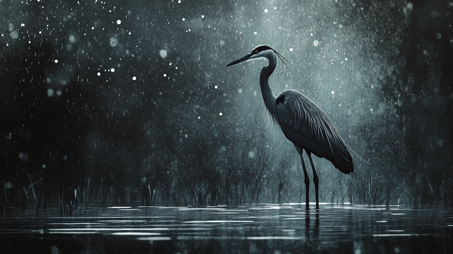 Garça em água escura com chuva surreal subindo