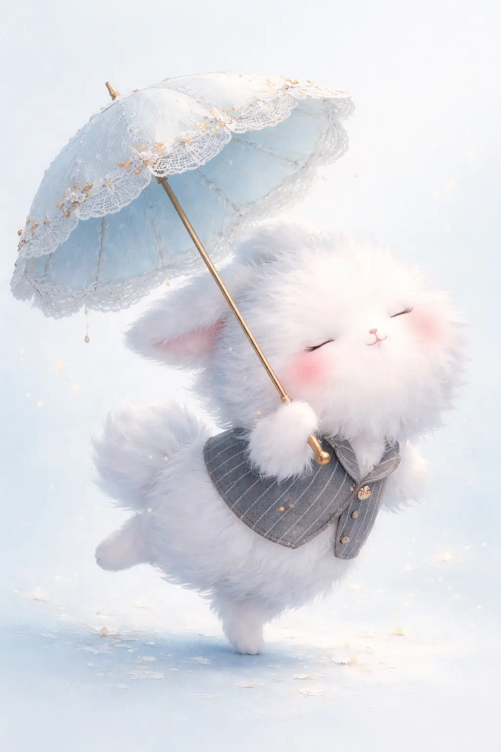 Fluffy white creature resting under a blue ornate umbrella