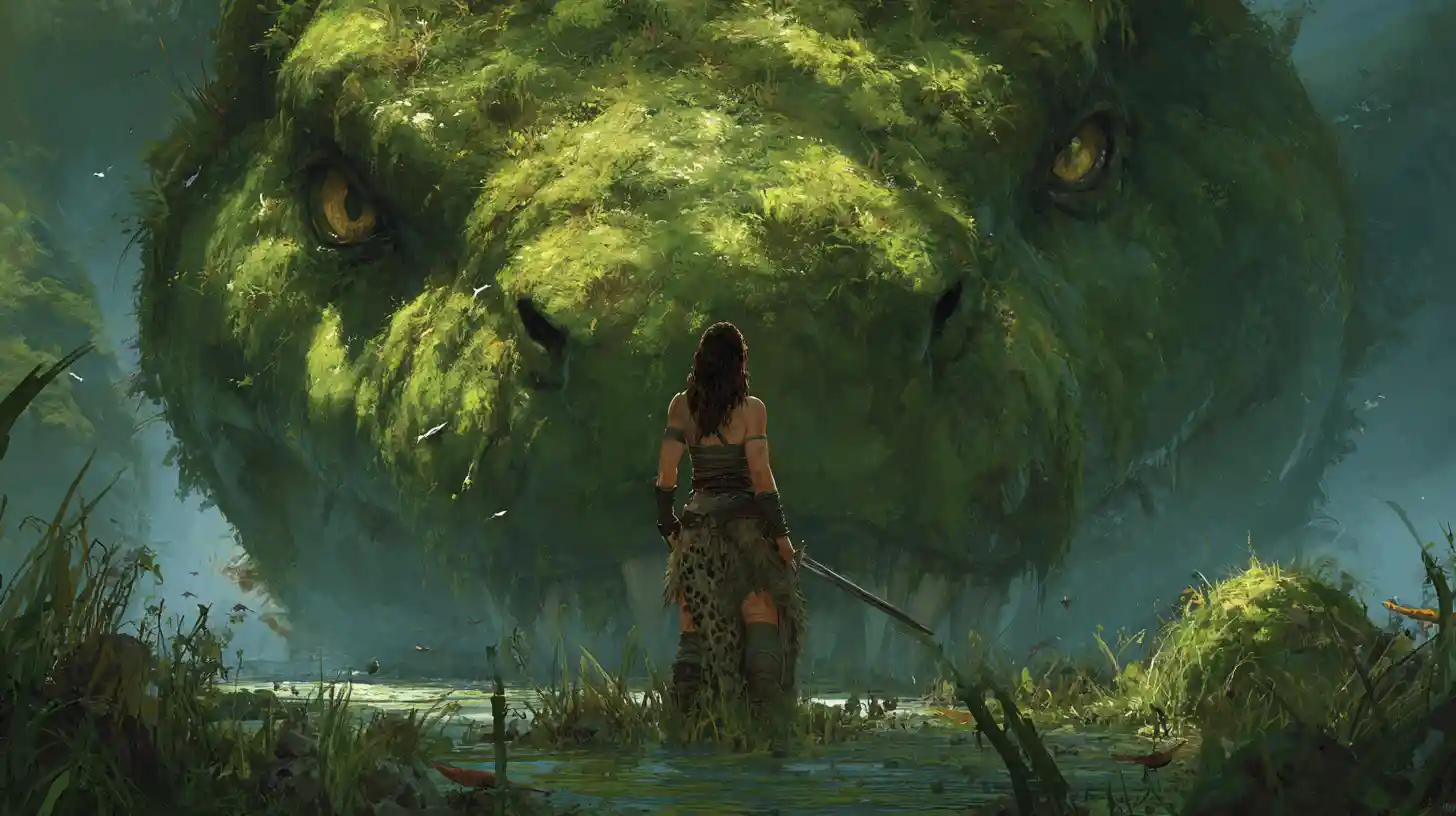 Barbarian woman faces giant serpent above a lush swamp