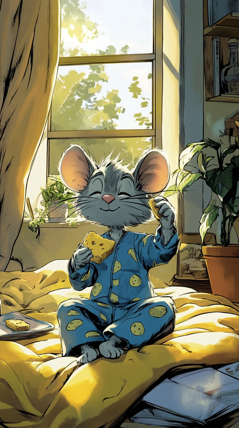 Rato de desenho animado se espreguiçando em uma cama aconchegante à luz do luar