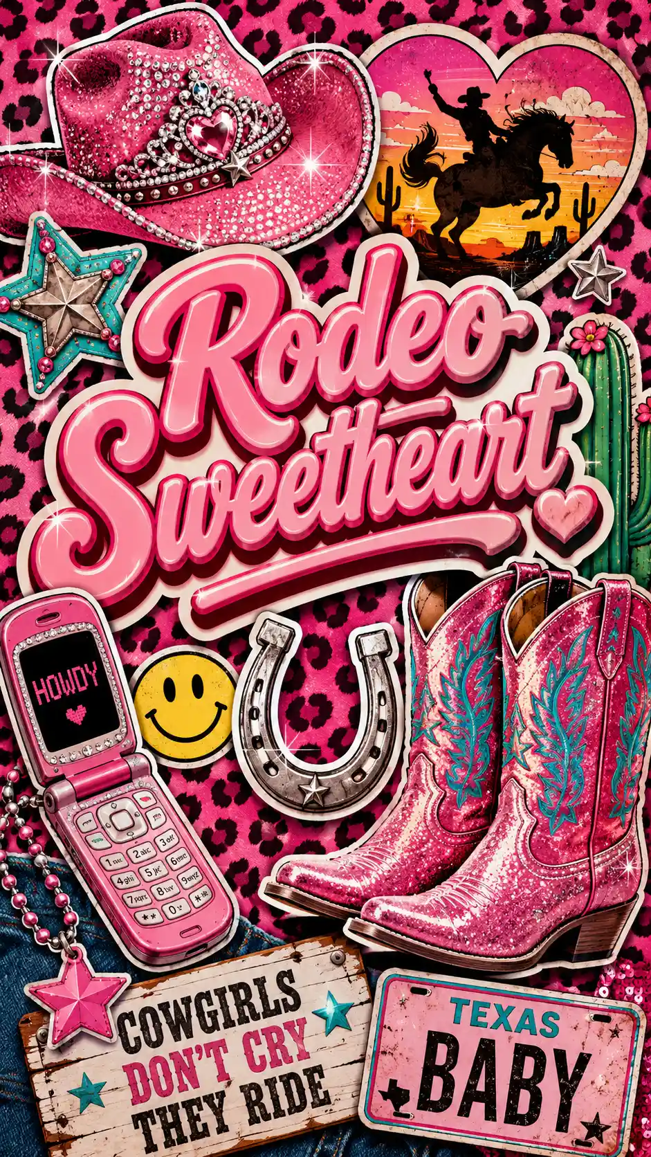 Vibrant retro cowgirl sticker collage rodeo sweetheart poster