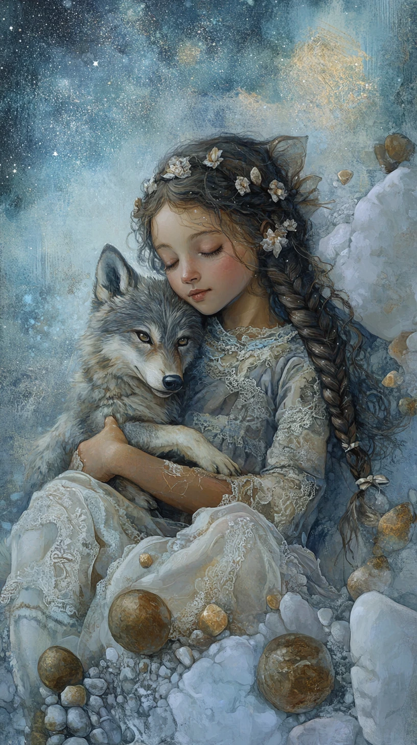 Kind mit Babywolf unter traumhaftem Himmelszelt