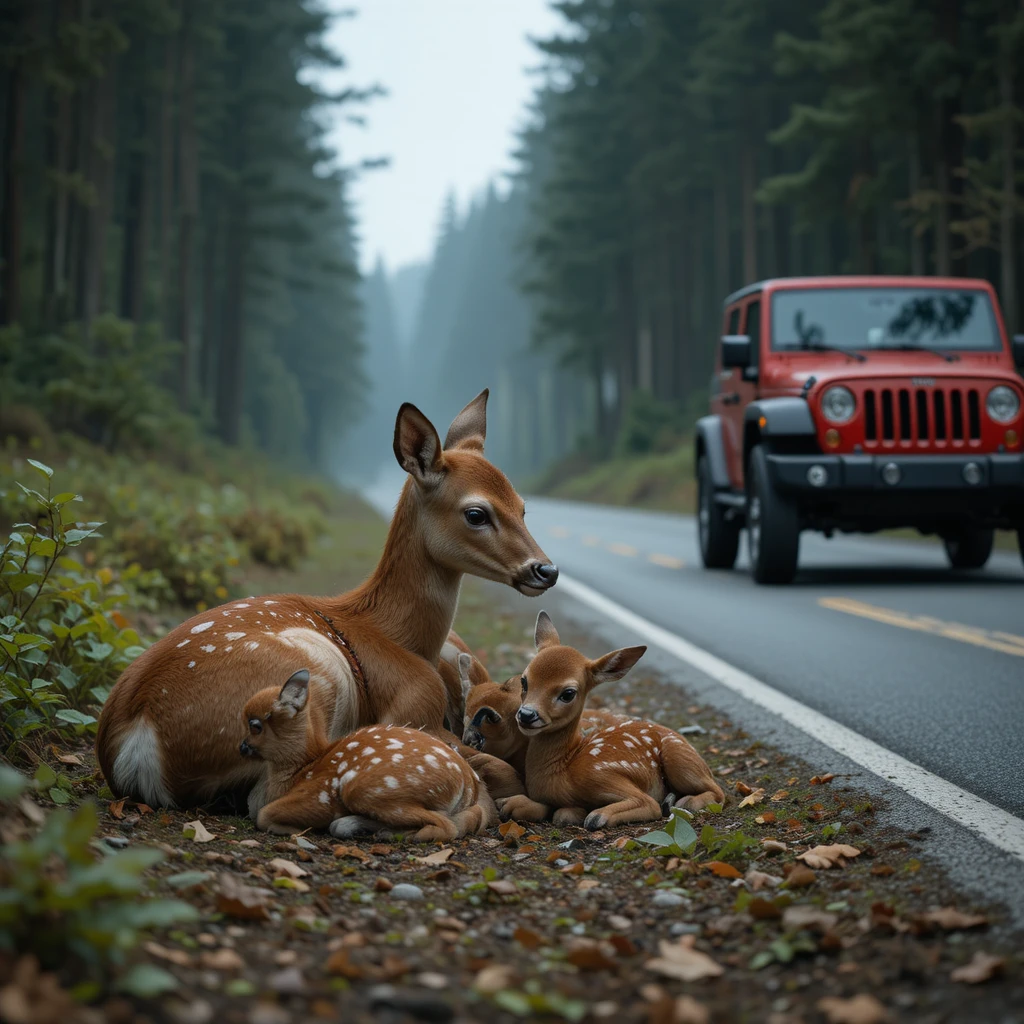 Corça ferida com filhotes ao lado de estrada tranquila na floresta