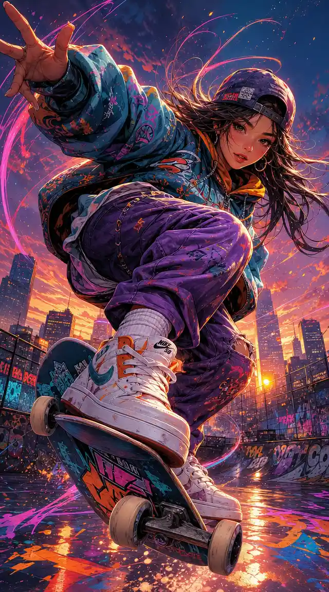 Dynamic girl skateboarder flying toward the viewer at sunset