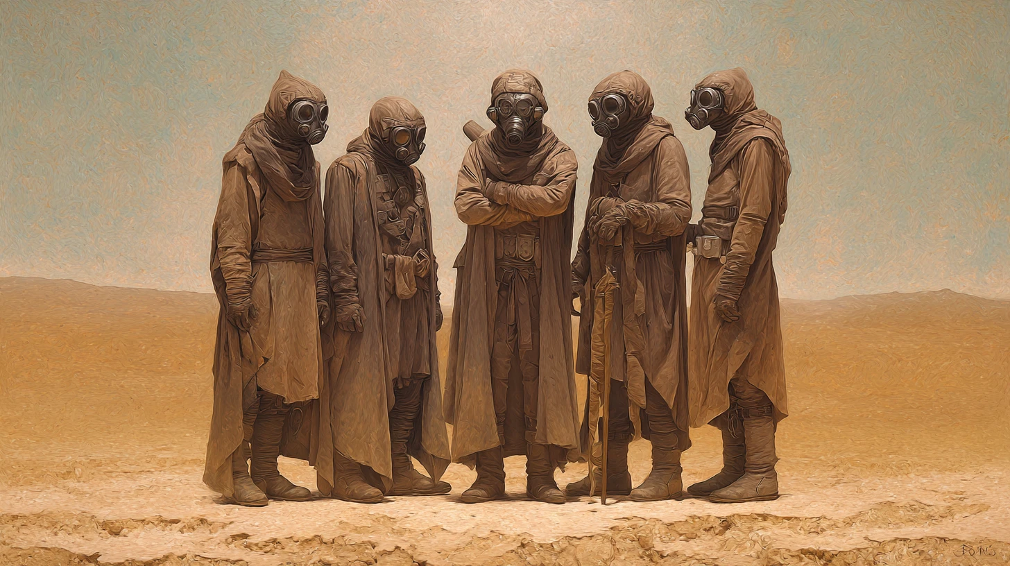 Monges do deserto em trajes de proteção cruzando um ermo hostil