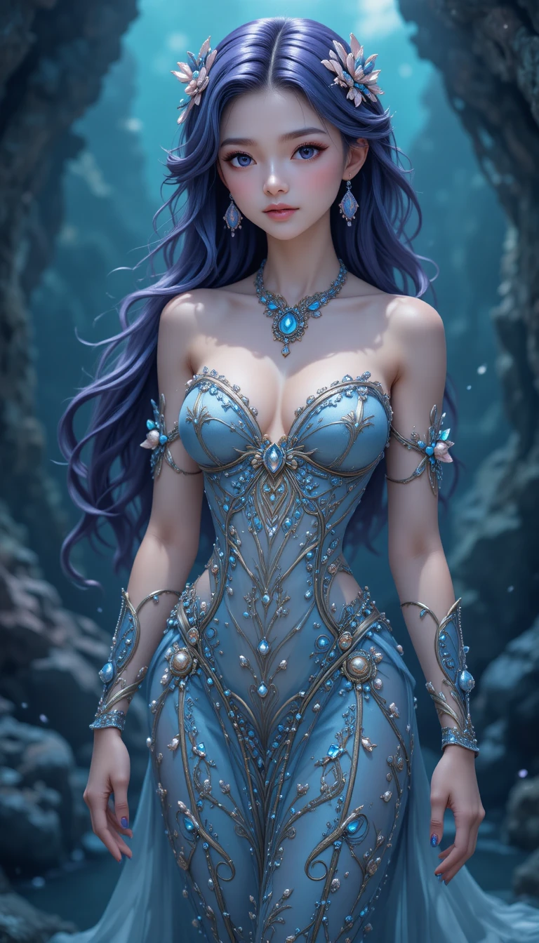 Elegante Meerjungfrauen-Nymphe mit violetten Haaren im Anime-Fantasiestil