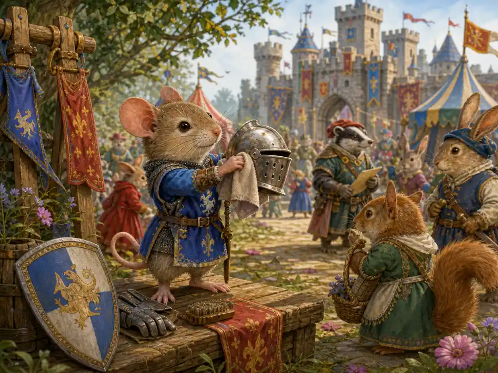 Tiny mouse knight in a bustling medieval courtyard
