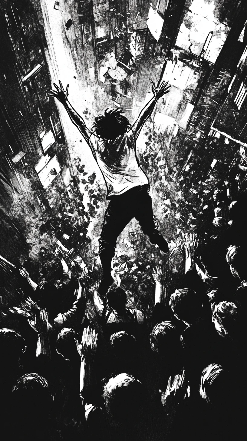 Stage dive em uma multidão que se funde com uma cidade em expansão