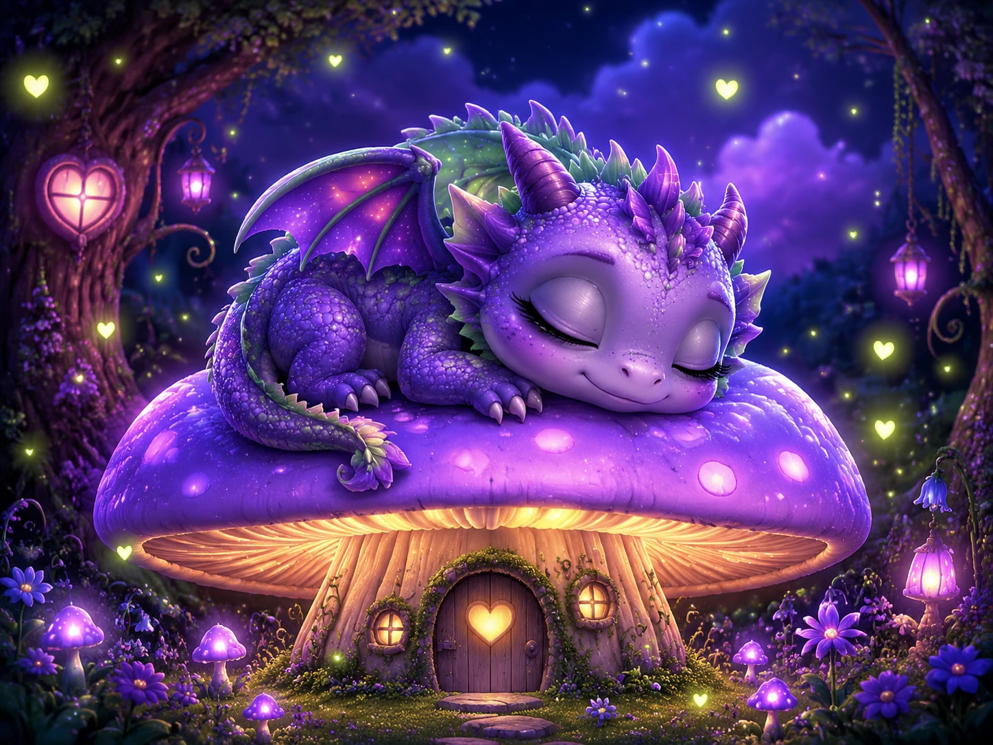 Adorable bébé dragon dormant sur un champignon lumineux dans la forêt